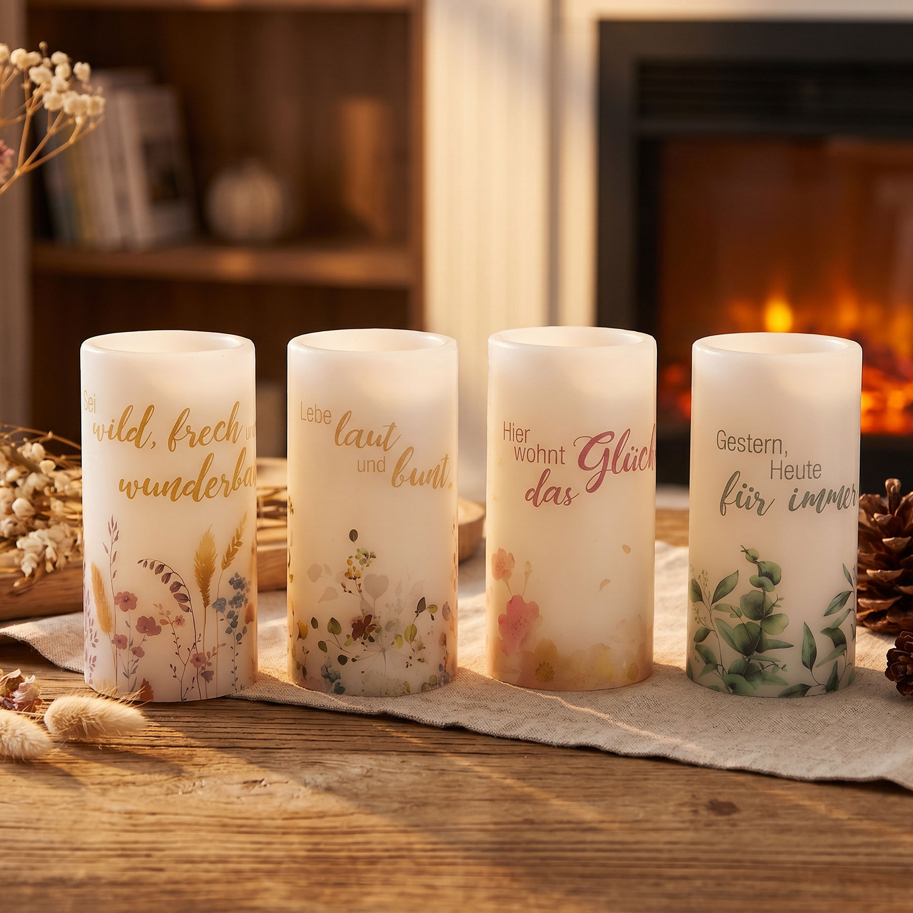 4er Set LED Kerzen Echtwachs Weiß 15x7cm Spruch Blumen Flammenlos Tischdeko