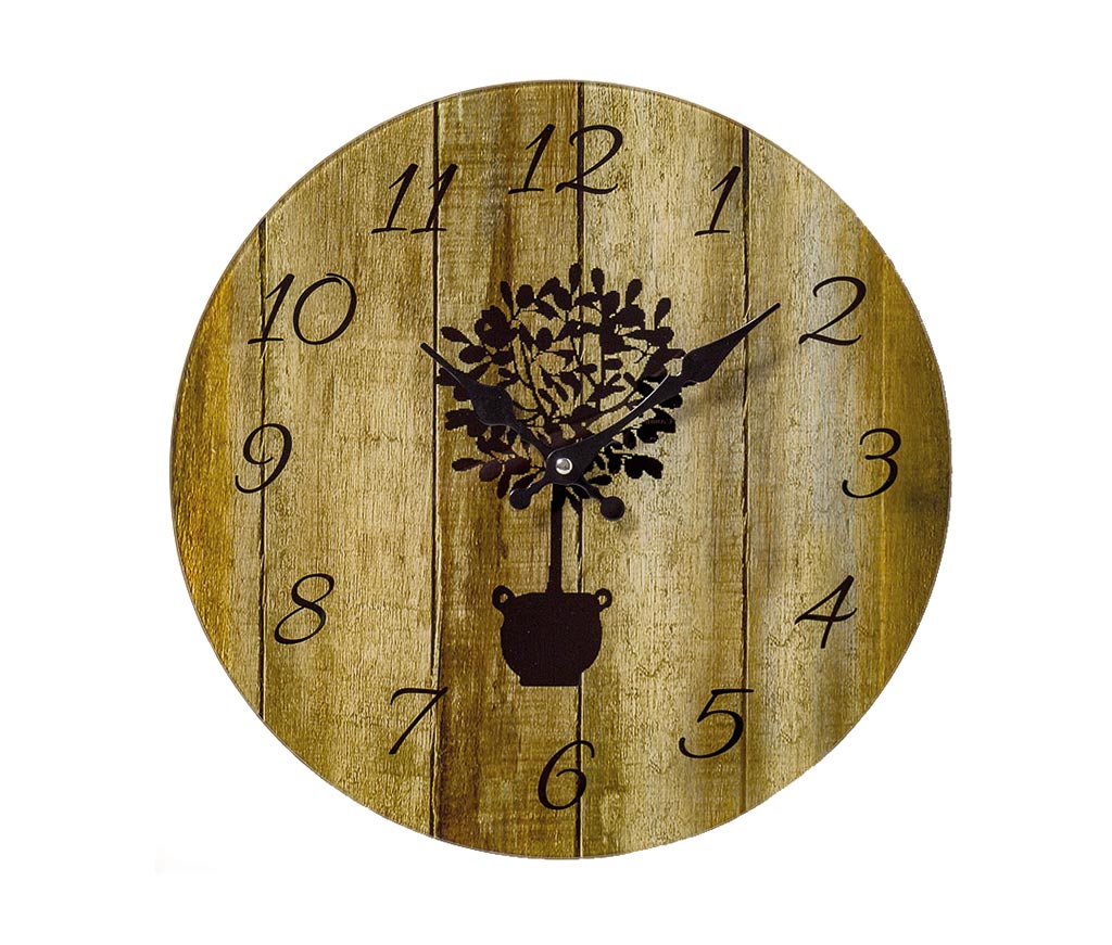 Wanduhr Glas 34cm rund Holzoptik Natur braun Glasuhr Baum