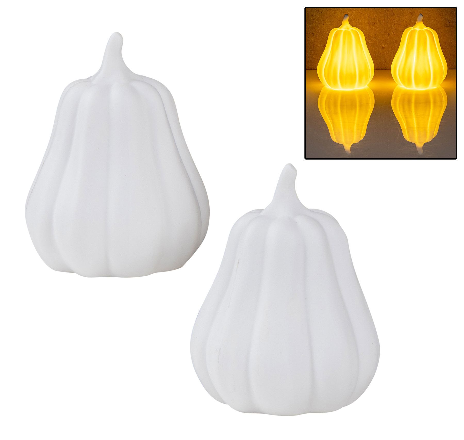 2er Set LED Kürbis Weiß H11cm mit Timer Porzellan Tischdeko Herbstdeko Dekoleuchte