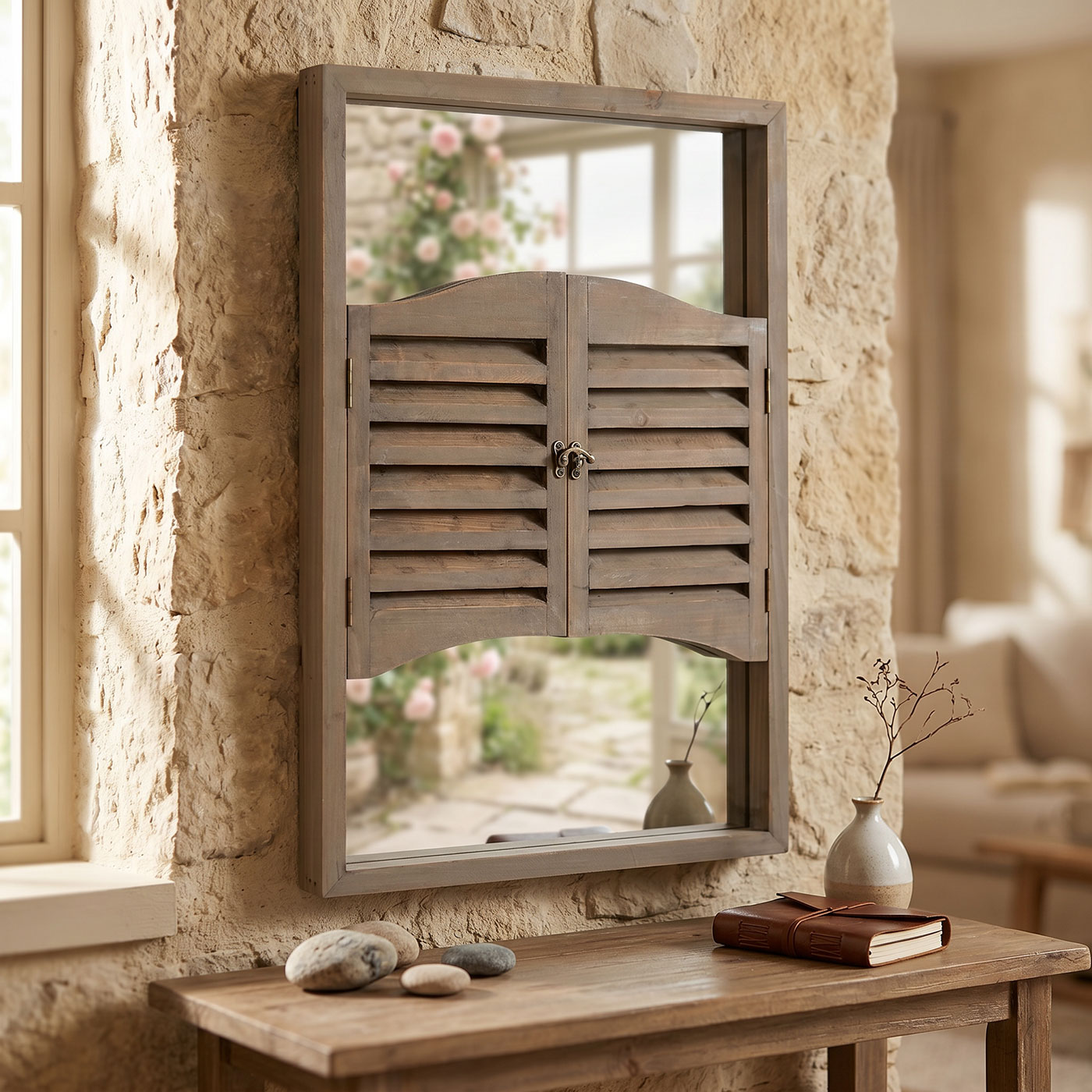 Wandspiegel Spiegel Fenster H60cm Holz Braun Shabby Chic Vintage Wanddeko Deko