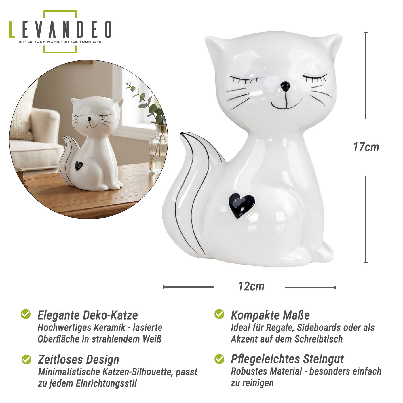 Katze Deko Figur Keramik H17cm Schwarz Weiß Skulptur Tischdeko Herz Wohndeko