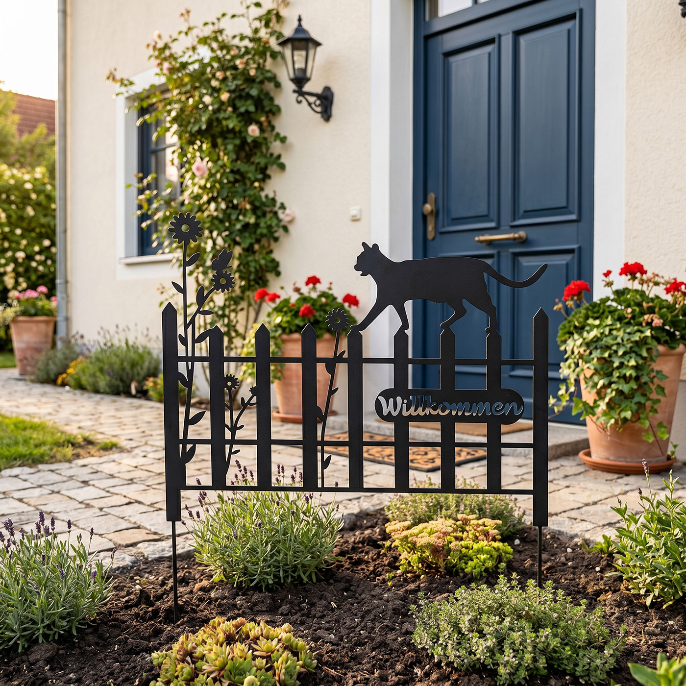 Gartenstecker Metall Katze 37x40cm Garten Zaun Schwarz Willkommen Gartendeko