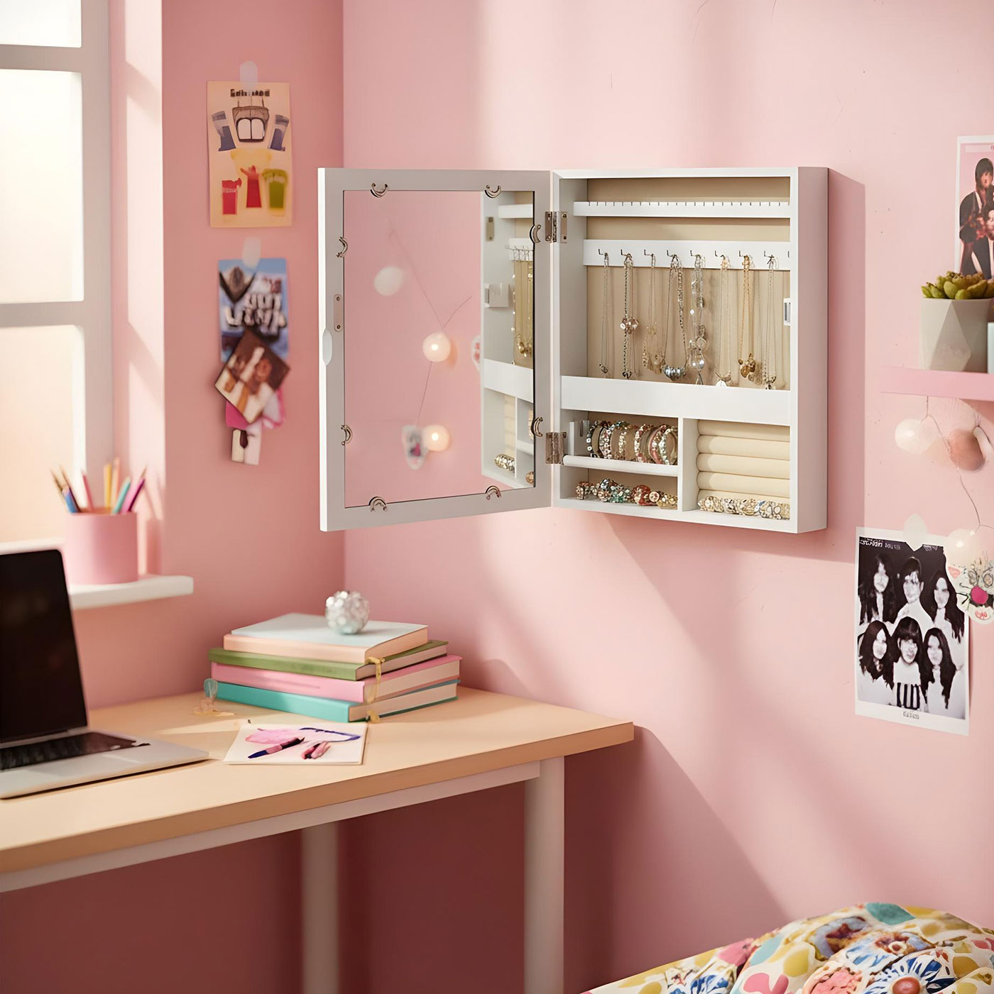 Schmuckschrank Weiß Bilderrahmen 5 Fotos MDF Holz Schmuckkasten Spiegel Wanddeko