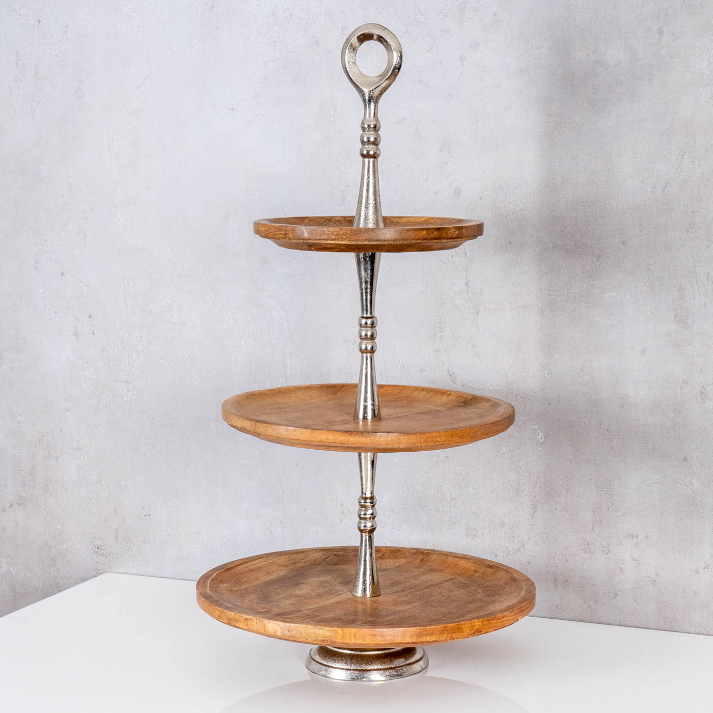 Holz Etagere 3 Etagen H60cm Mangoholz Metall Servierplatte Kuchenständer Deko