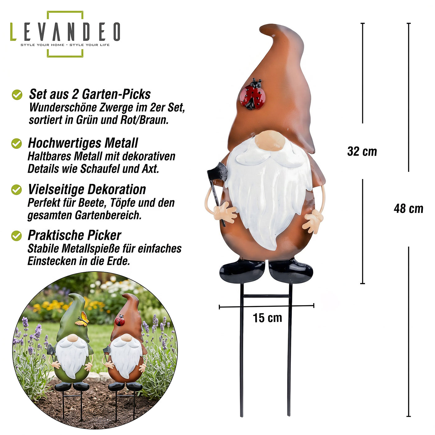 2er Set Gartenstecker Zwerg H48cm Metall Beetstecker Gnom Gartendeko Garten Figur