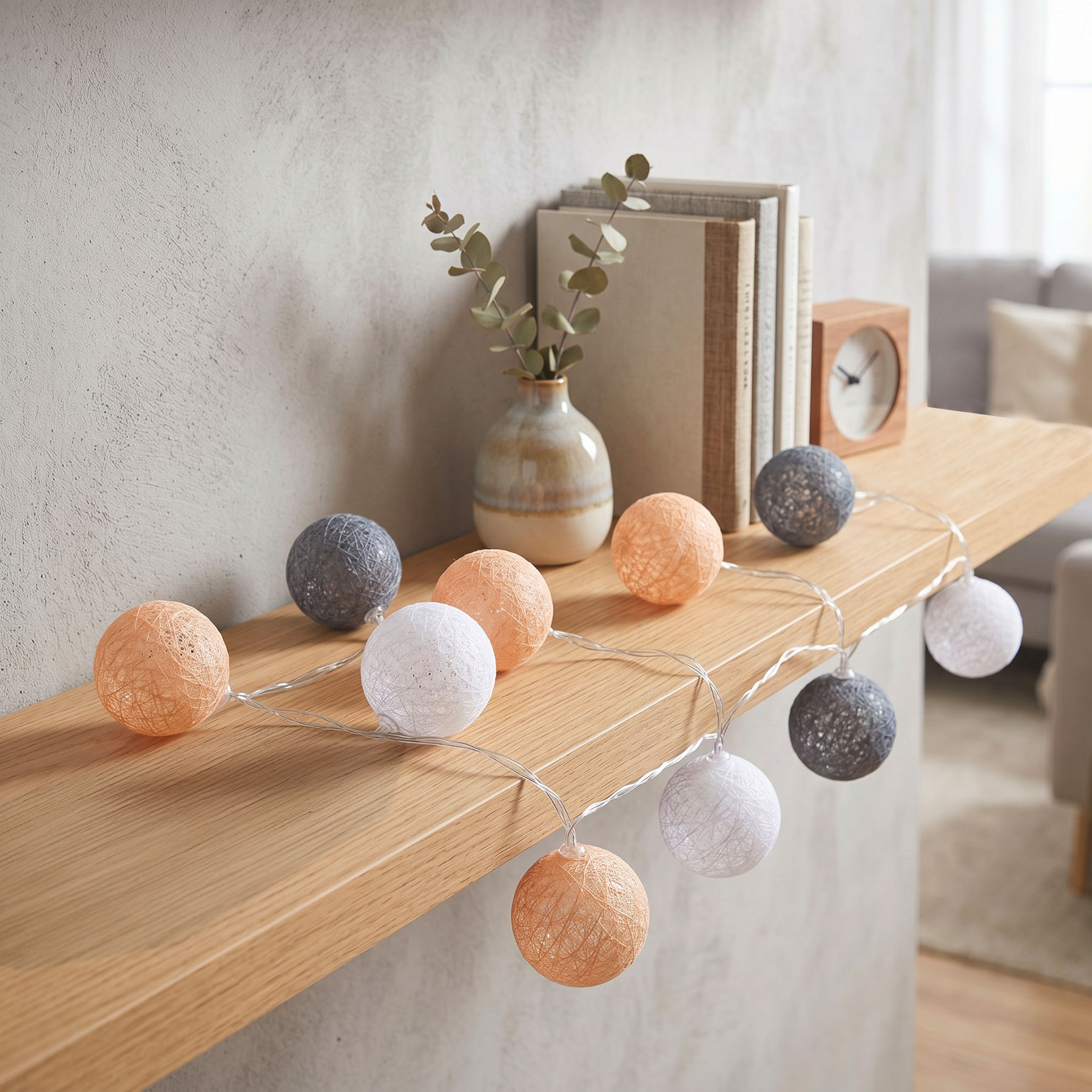 10er Lichterkette LED Kugeln Lampions Baumwolle Orange Weiß Cotton Warmweiß Deko