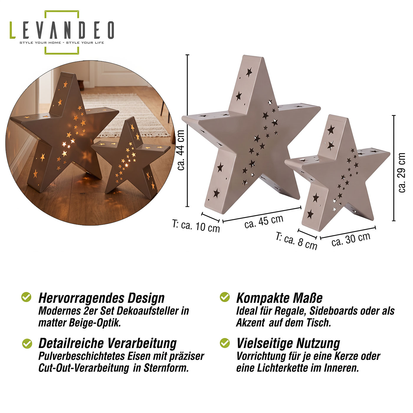 2er Set Kerzenhalter 30-45cm Laterne Stern Metall Beige Weihnachtsdeko Aufsteller