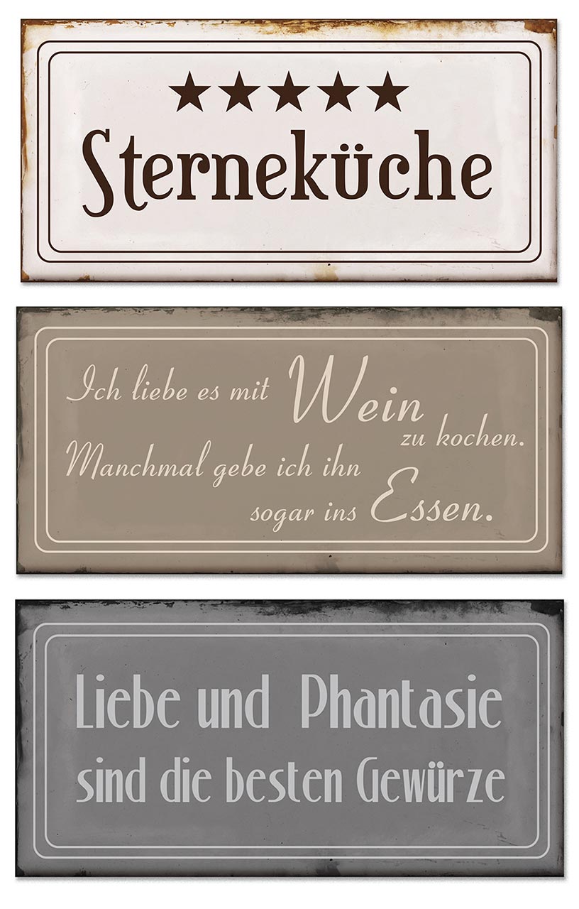 Blech-Schilder 3er Set je 18,5 x 9 cm Sterneküche Metall Schild Wanddekoration