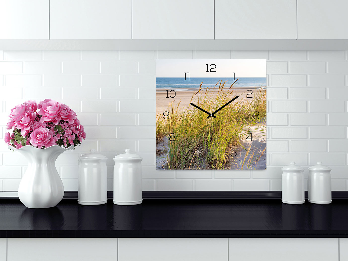 Wanduhr Glas 30x30cm Strand Meer Düne Glasuhr Uhr Glasbild Natur Bild Wanddeko