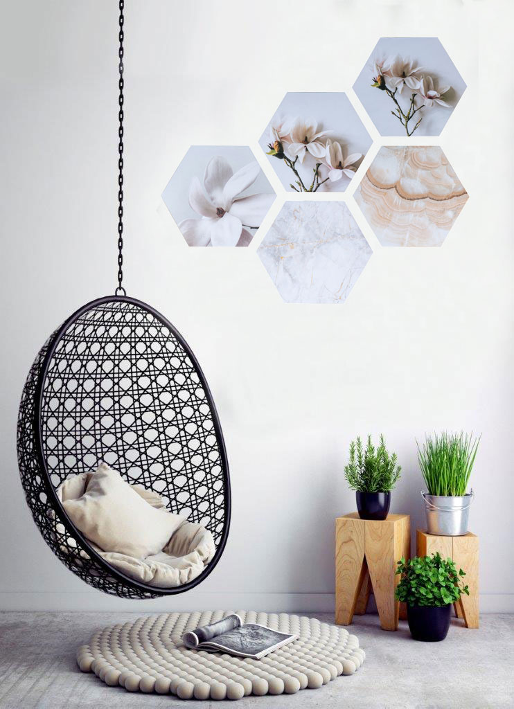 Hexagon Wandaufkleber je 32x28cm Wanddeko Blume Weiß Wandbild Holzbild Deko