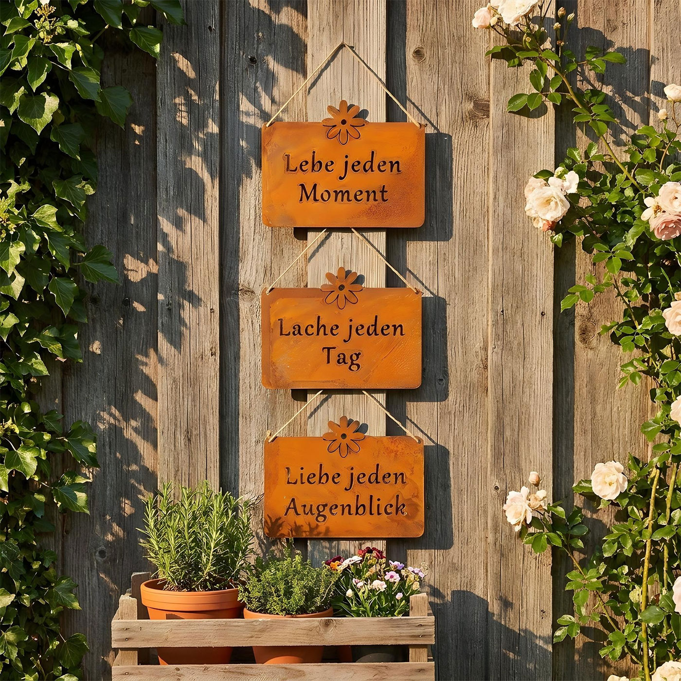 3er Set Wandbilder Sprüche 25x19cm Schilder Garten-Deko Türschild Edelrost Braun