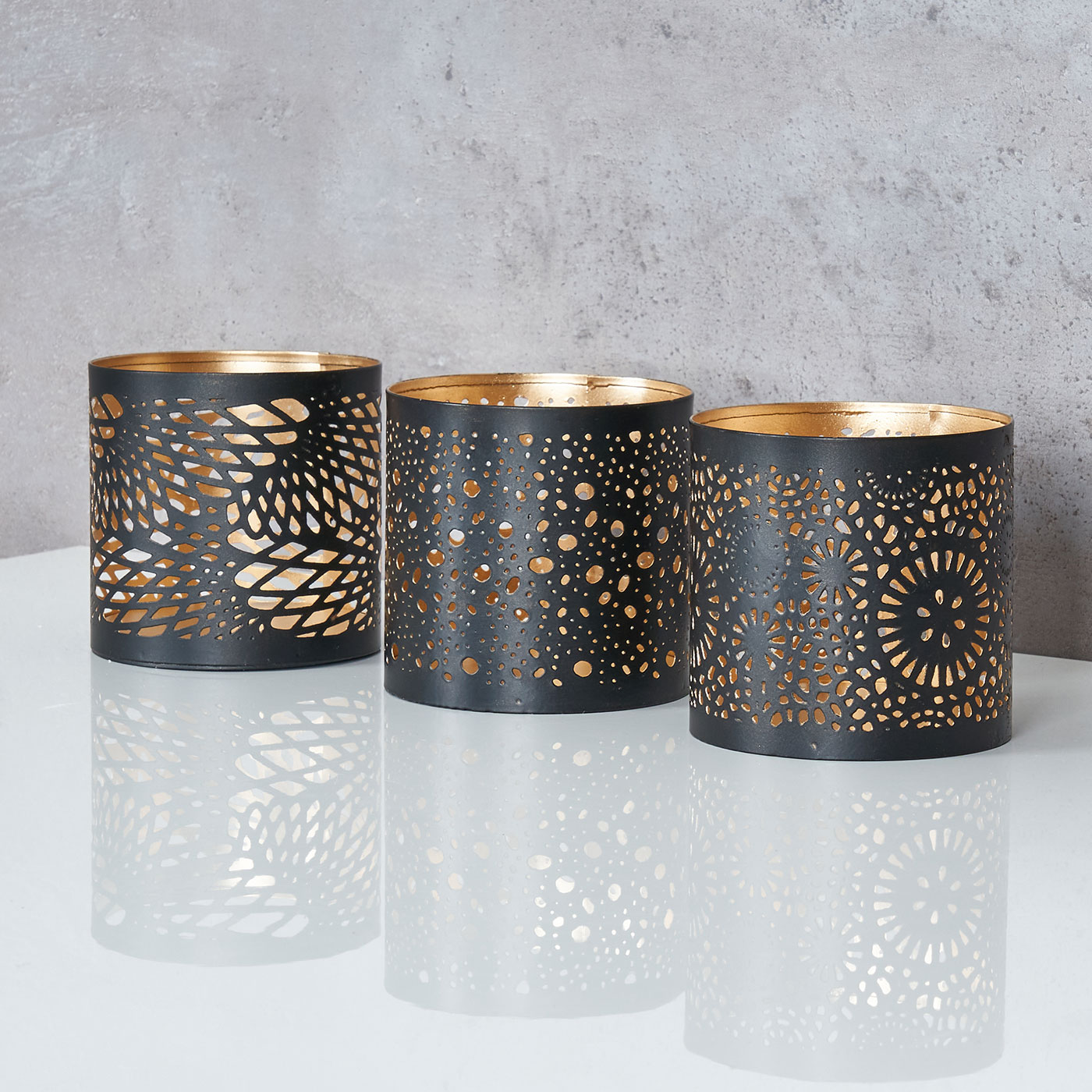 3er Set Windlicht 10x10cm Metall Schwarz Gold Teelichthalter Kerzen Deko