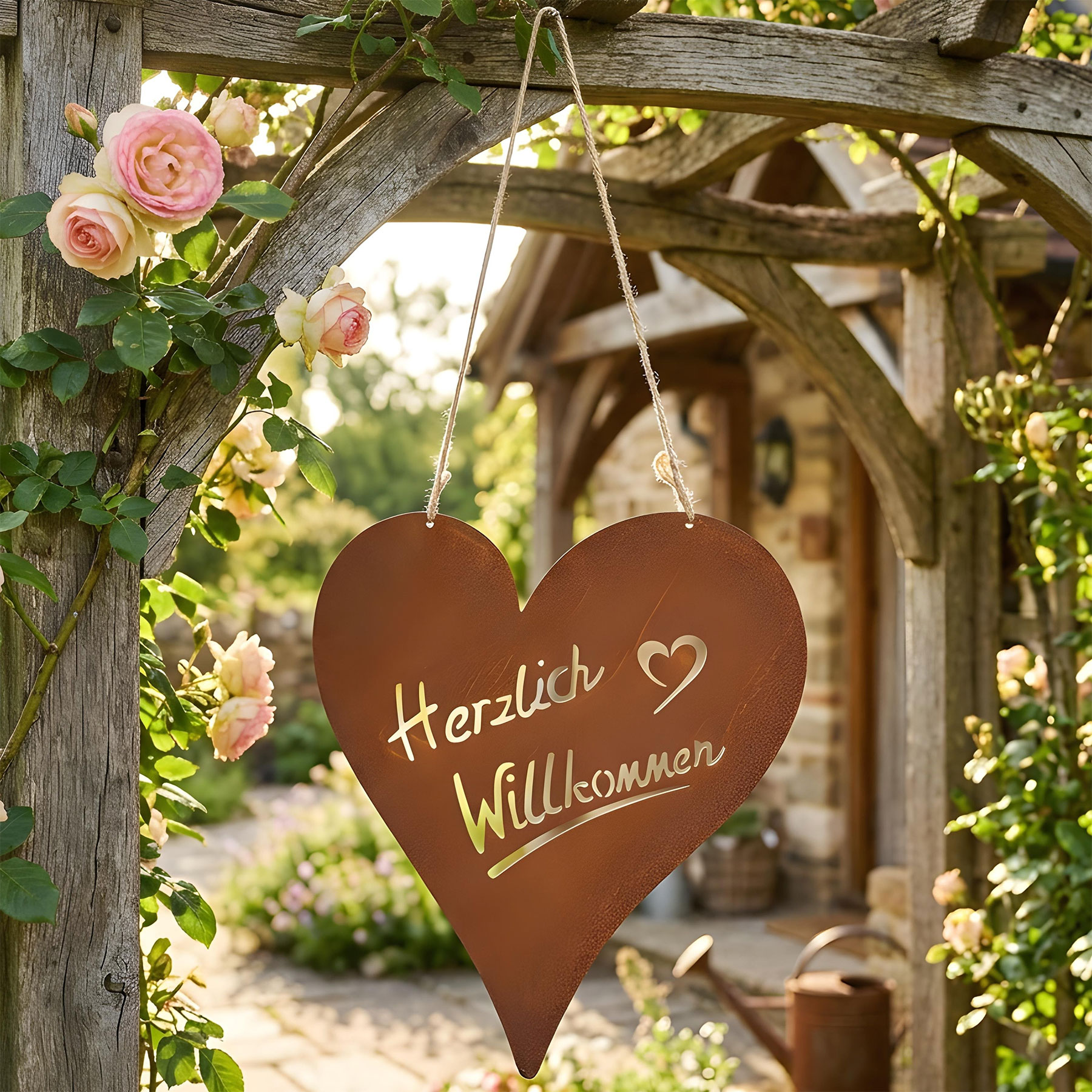 Türschild Herz Willkommen Rostoptik Gartendeko Metall Herzform Edelrost Wanddeko