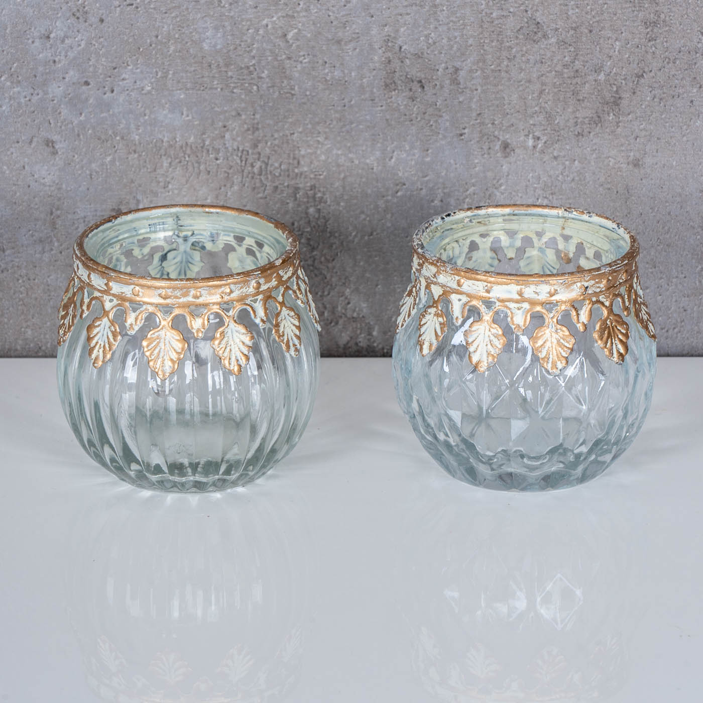 2er Set Glas Windlichter H5cm Klar Gold Teelichthalter Kerzenhalter Tischdeko