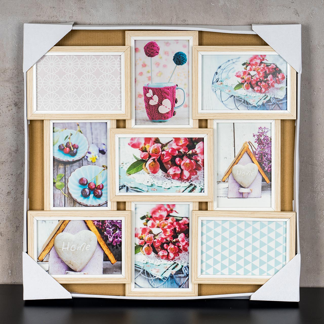 Bilderrahmen Collage 45x45cm 9 Fotos 10x15 Natur MDF Holz Weiß Glasscheiben