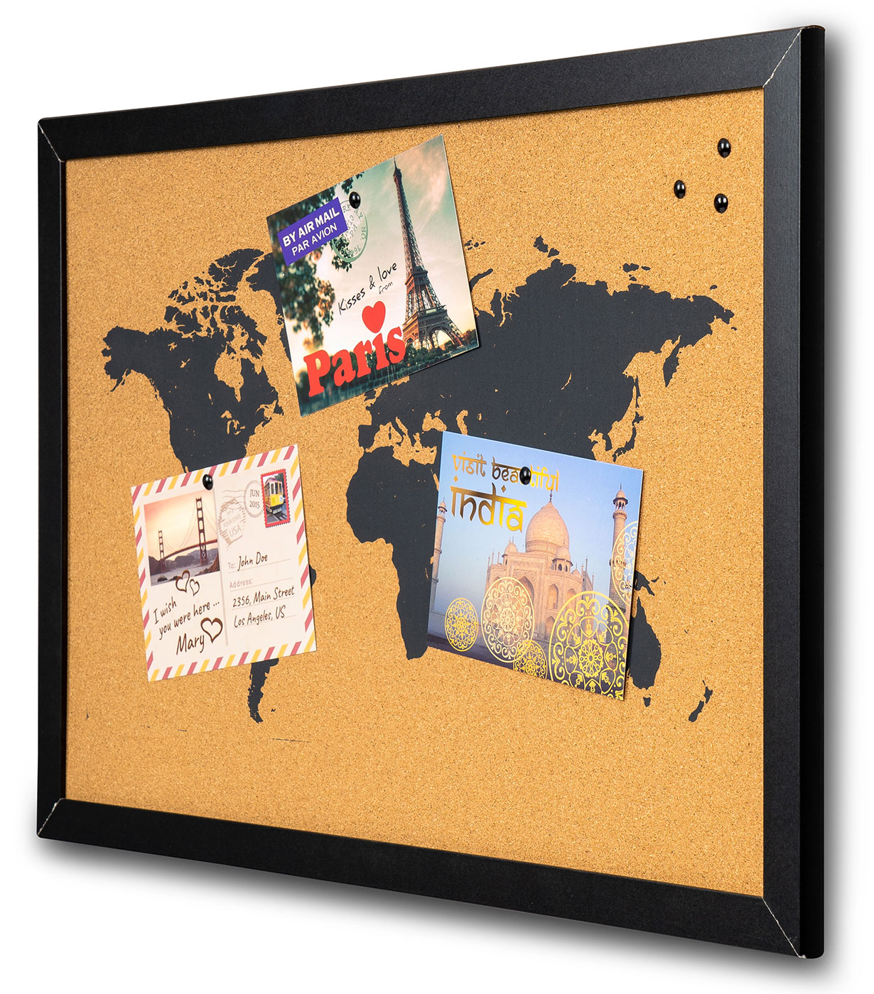 Gerahmte Pinnwand 60x40  Kork-Platte Holzrahmen Weltkarte Map Deko Schwarz