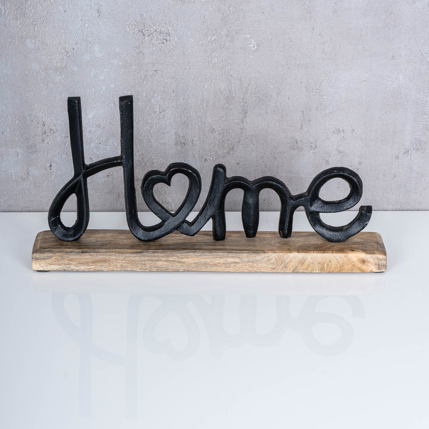 Aufsteller Schriftzug Home H17cm Metall Schwarz Holz Deko Mangoholz Tischdeko