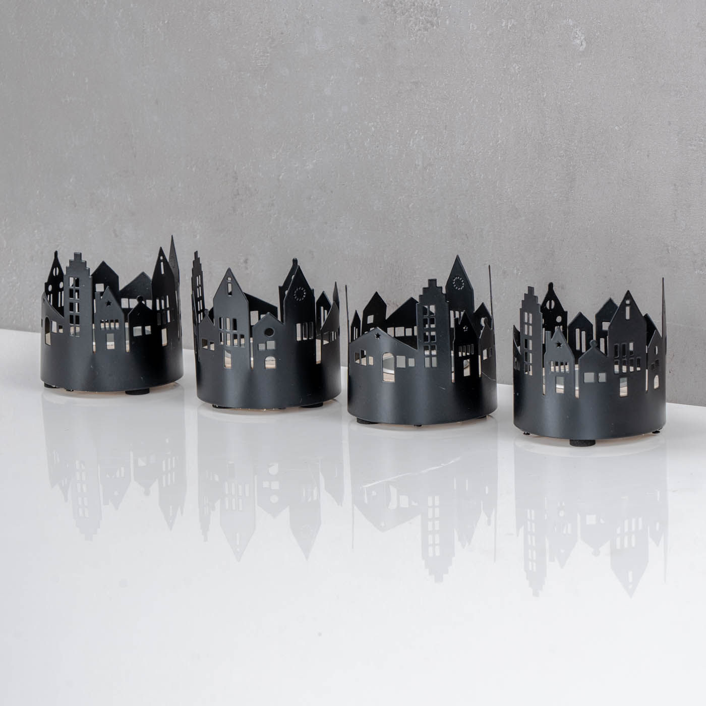 4er Set Teelichthalter Schwarz Metall Haus Windlicht Tischdeko Kerzenhalter Deko