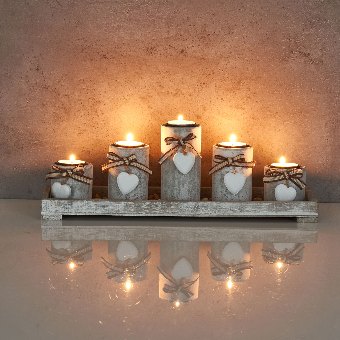 Teelichthalter Set Tablett 39x15x12cm Holz Shabby Chic Vintage Windlicht Deko