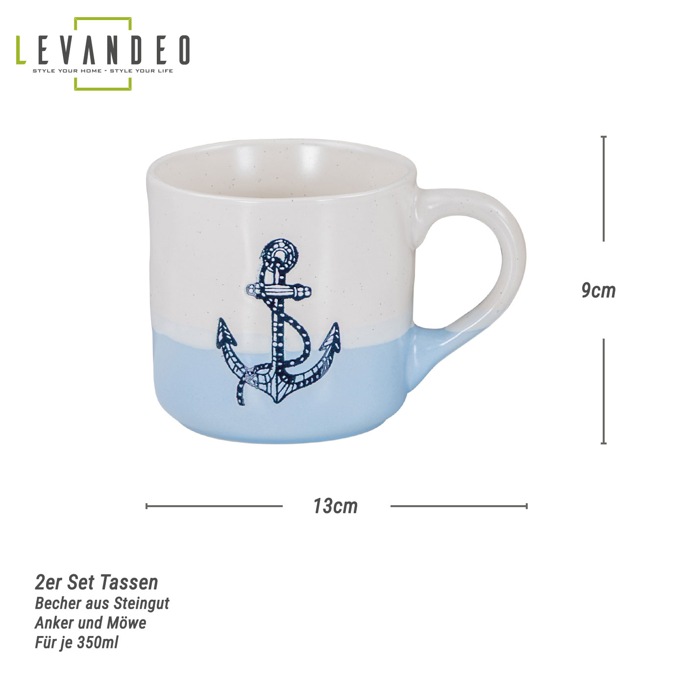 2er Set Tassen Anker Möwe 350ml Steingut Kaffeetasse Becher Blau Maritim Design