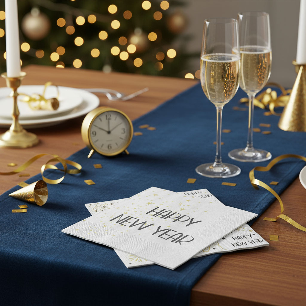 40 Stück Silvester Deko Servietten Happy New Year Weiß Schwarz Gold Tischdeko