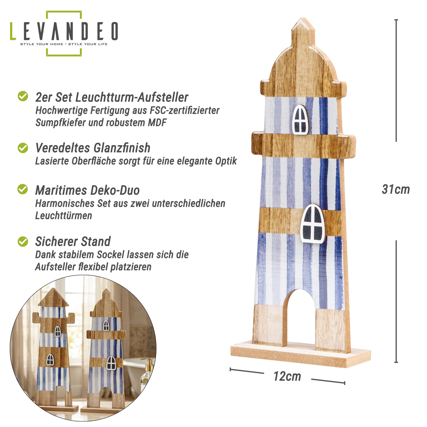 2er Set Deko Aufsteller Leuchtturm H31cm Blau Weiß Natur Maritime Deko Tischdeko