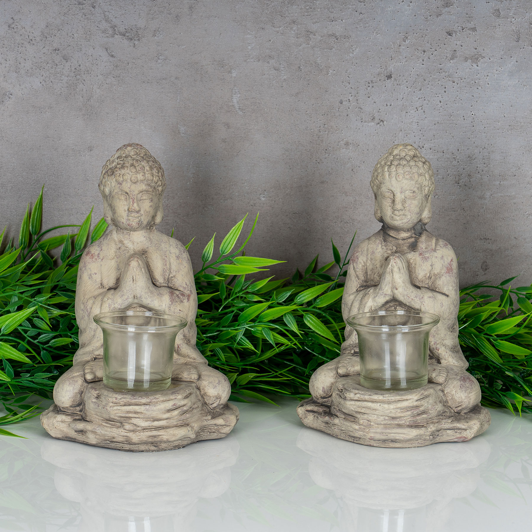 Teelichthalter Buddha Figur Keramik 19cm hoch Grau Tischdeko Kerzenhalter