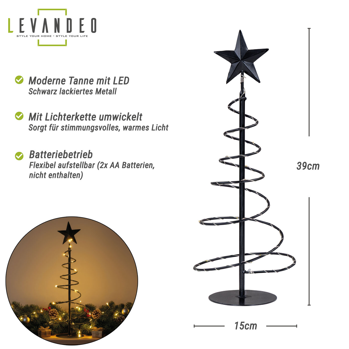 LED Metall Weihnachtsbaum H39cm Schwarz Spirale Weihnachtsdeko Beleuchtung Deko