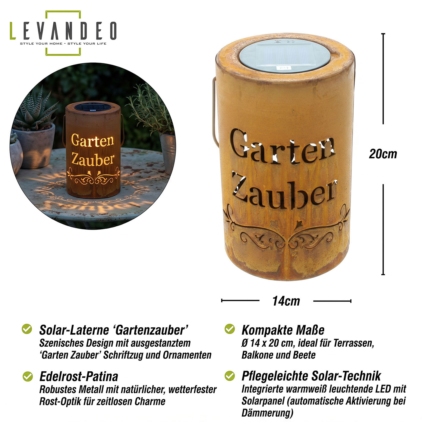 Solar Laterne Garten Zauber H20cm Gartenleuchte Edelrost Solarleuchte Gartendeko