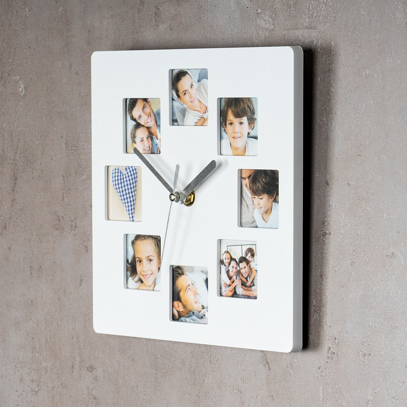 Wanduhr Weiß 21x21cm Fotouhr 8 Fotos Bilder Bilderrahmen Fotorahmen Küchenuhr