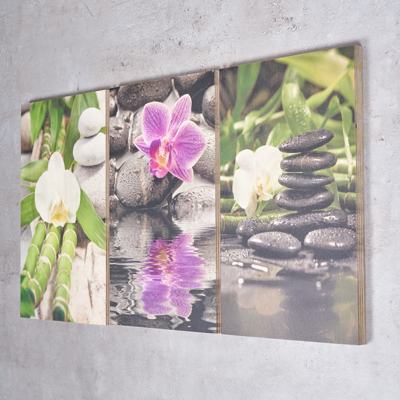 3er Set Wandbild je 20x30cm Holz Birkenholz Orchideen Bambus Holzbild Wanddekoration