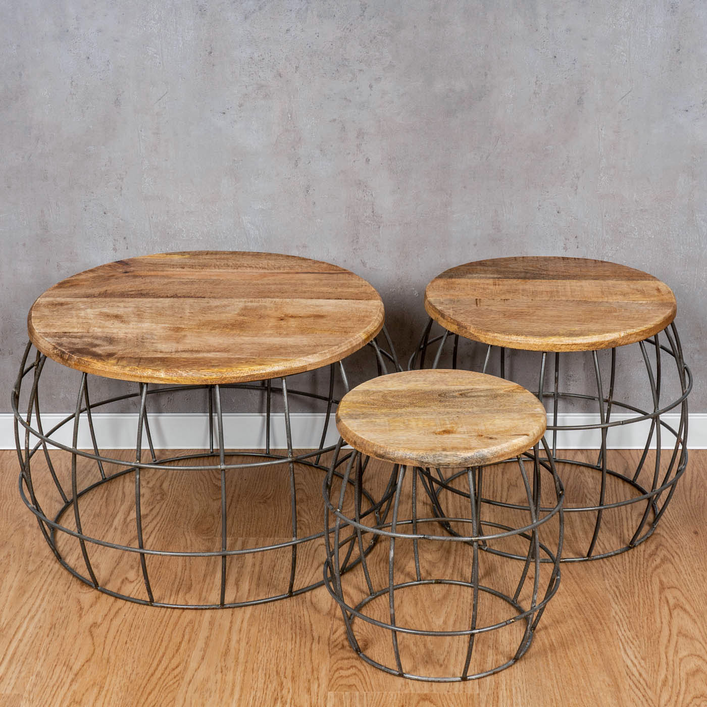3er Set Couchtische Mango Rund Natur Eisen Metall Design Holz Beistelltisch