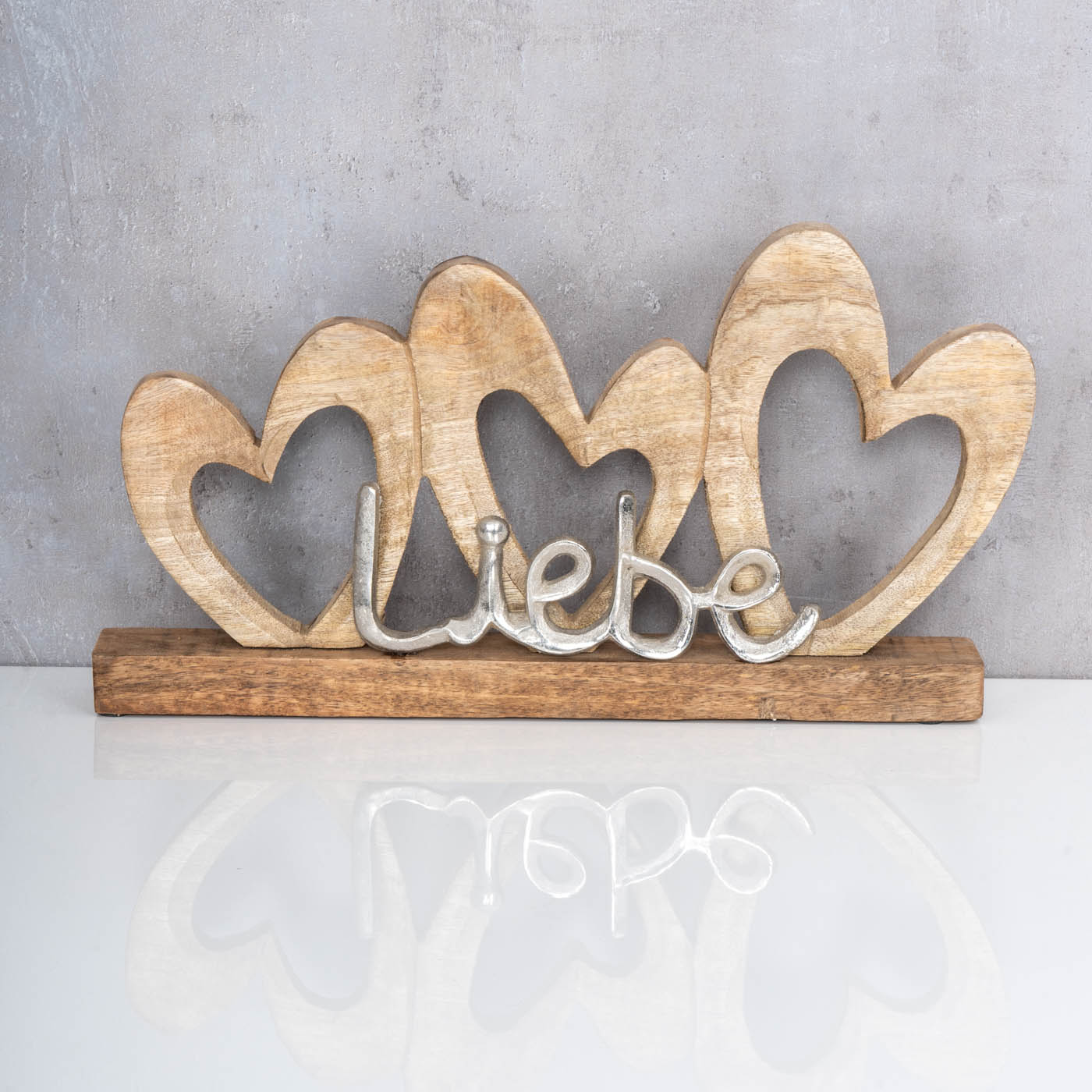 Aufsteller Herz 40x22cm Liebe Schriftzug Mango Holz Metall Braun Silber Deko