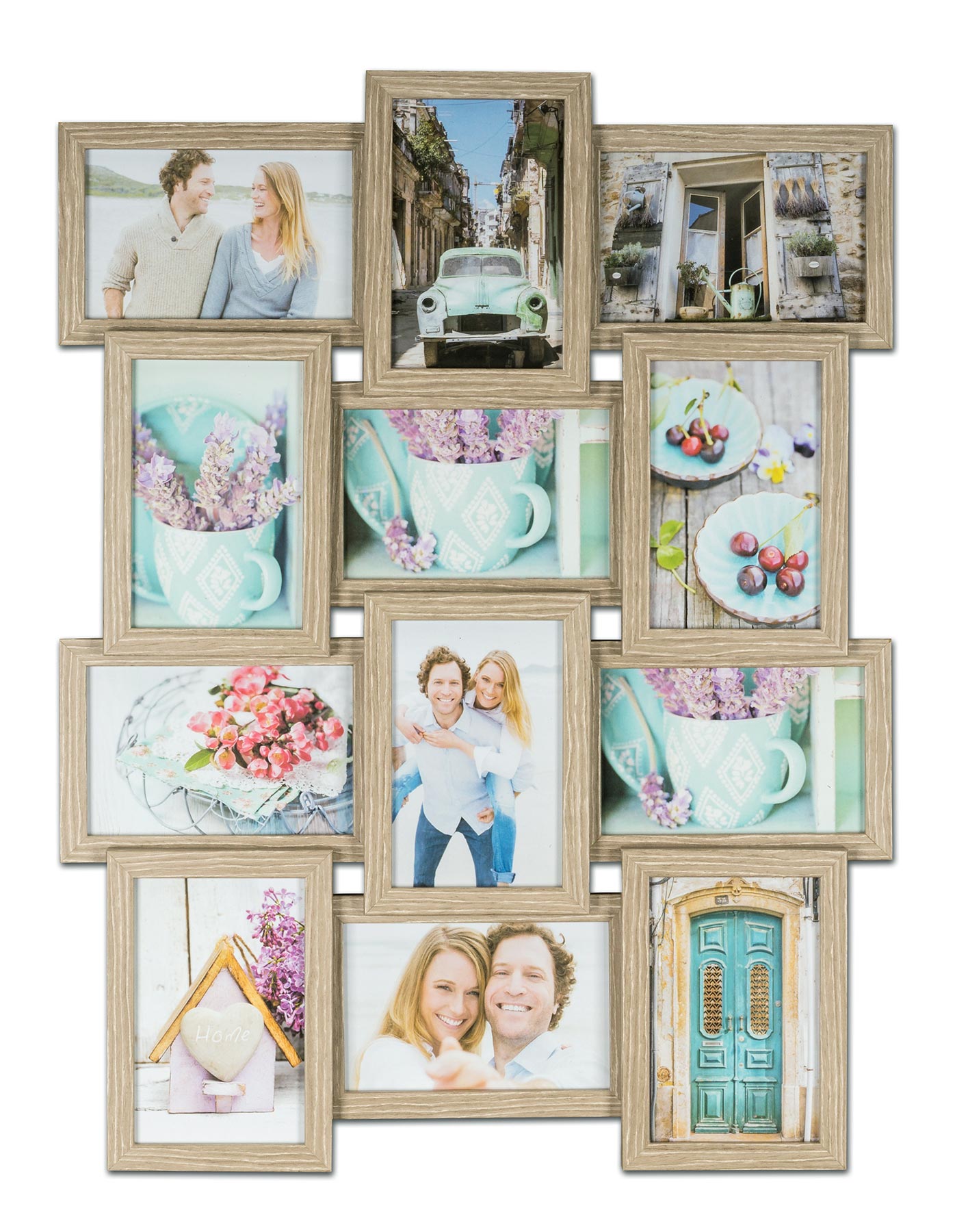 levandeo Bilderrahmen Collage 45x58cm 12 Fotos 10x15 Eiche gekälkt MDF Holz Glas