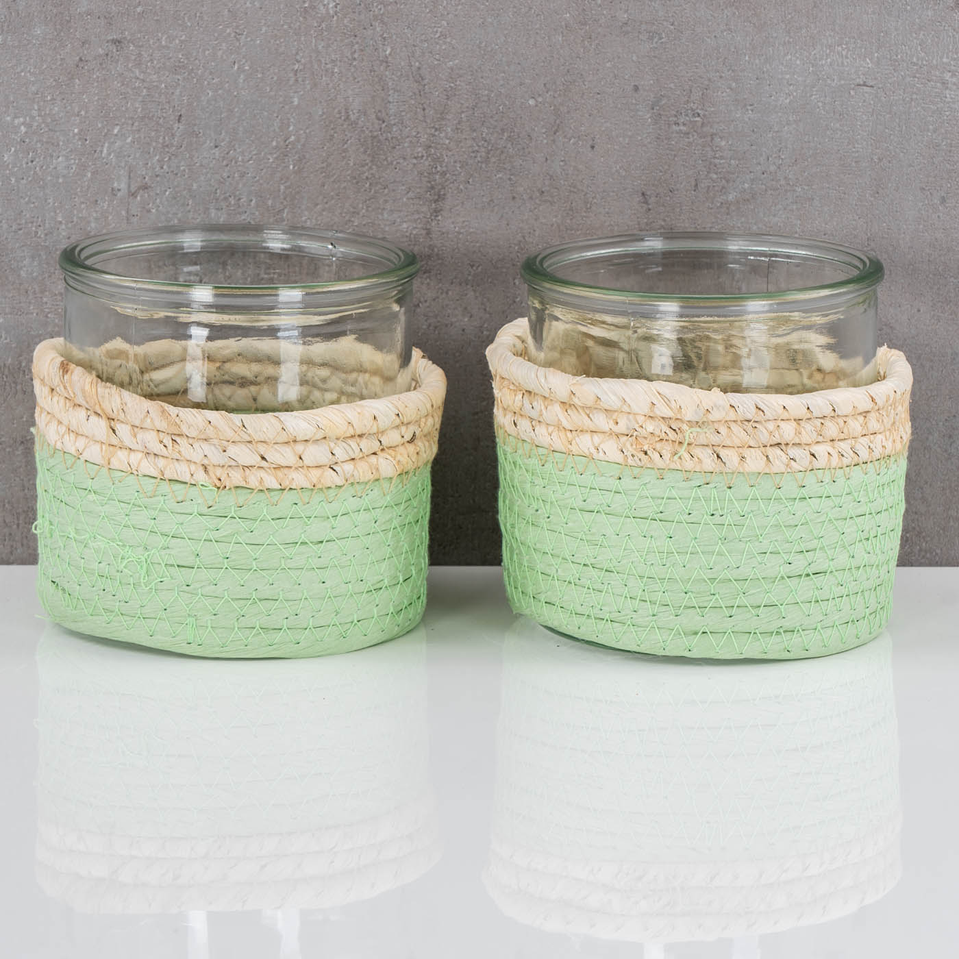 2er Set Glas Windlicht H10cm Natur Grün Teelichthalter Kerzenhalter Tischdeko