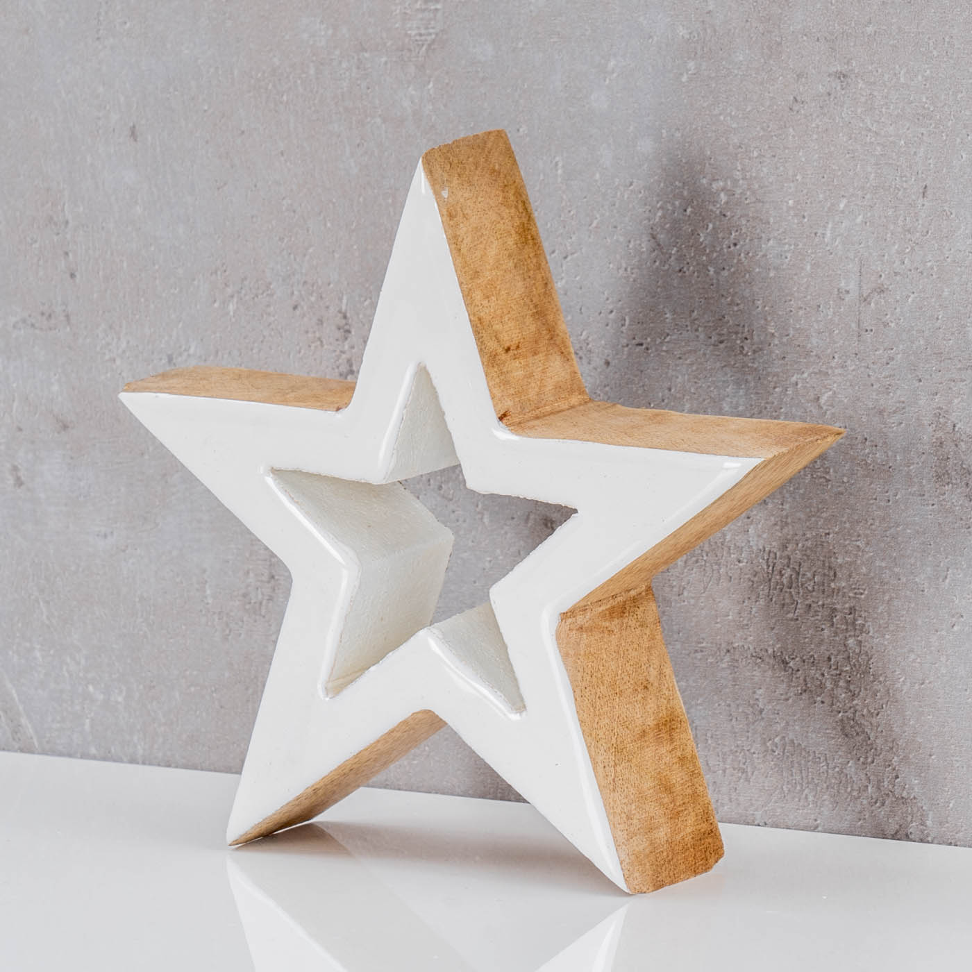 Holz Stern 15x15cm Mango Weiß Natur Braun Tischdeko Deko Aufsteller Rustikal