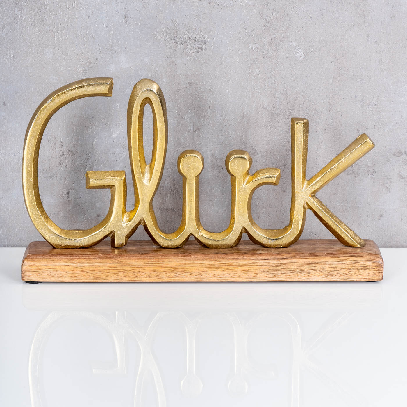Schriftzug Glück L30cm Metall Gold Mango Holz Tischdeko Deko Aufsteller