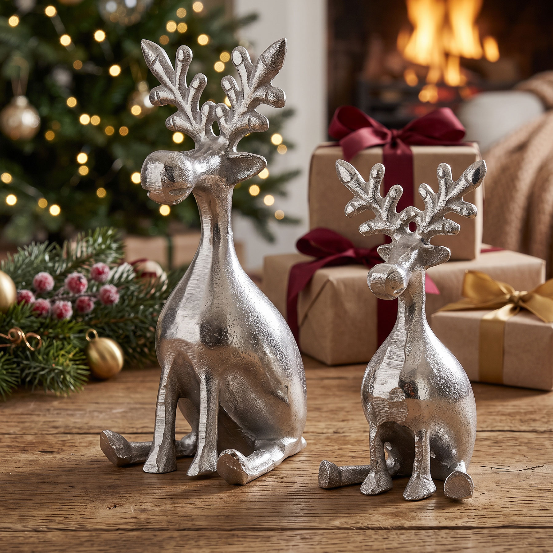 2er Set Rentiere Metall Silber Hirsche Deko Tischdeko Weihnachtsdeko Aufsteller