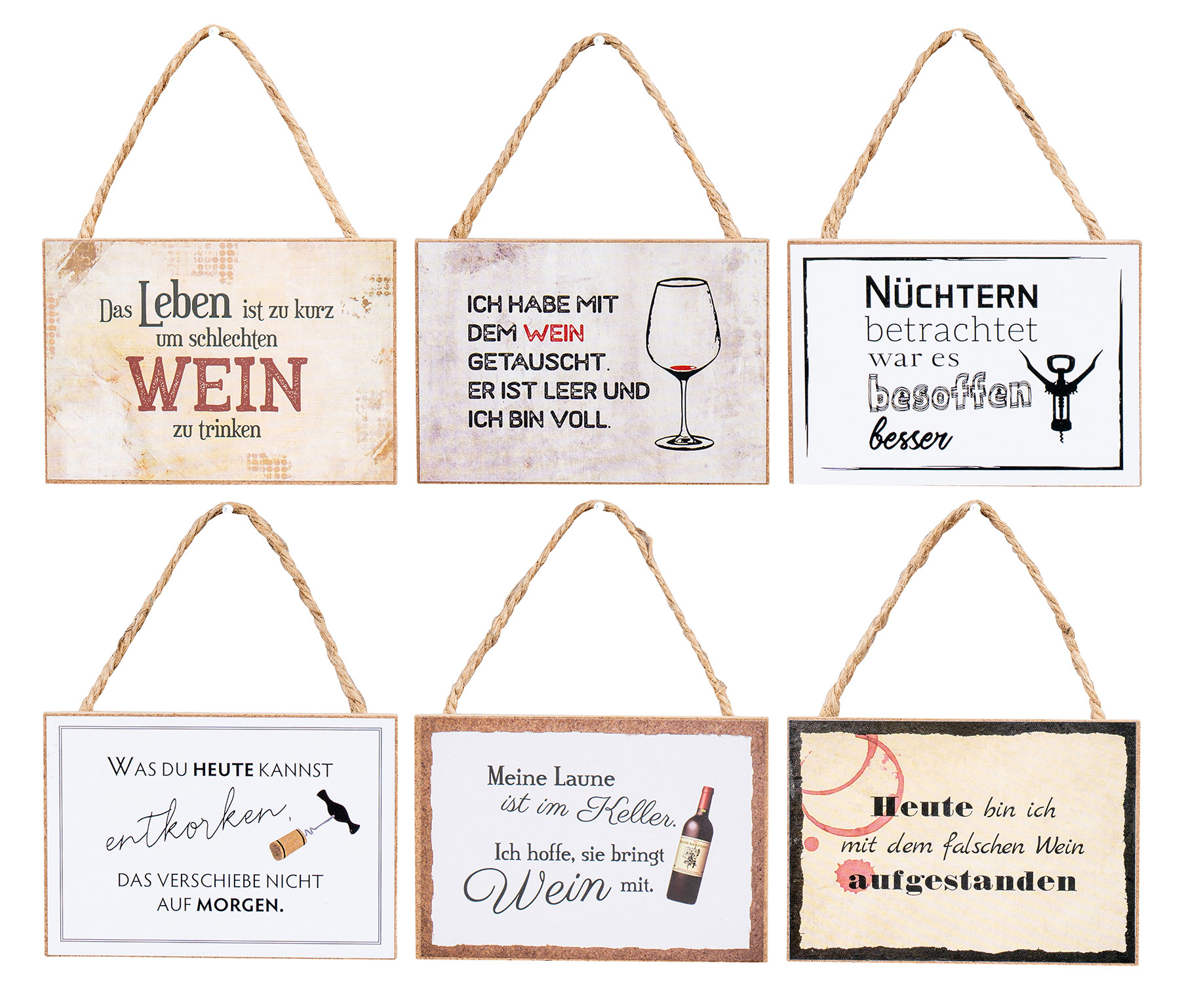 6er Set Holzschilder Wein 10x7cm MDF Mini-Schilder Spruch Deko Hänger Wandbild