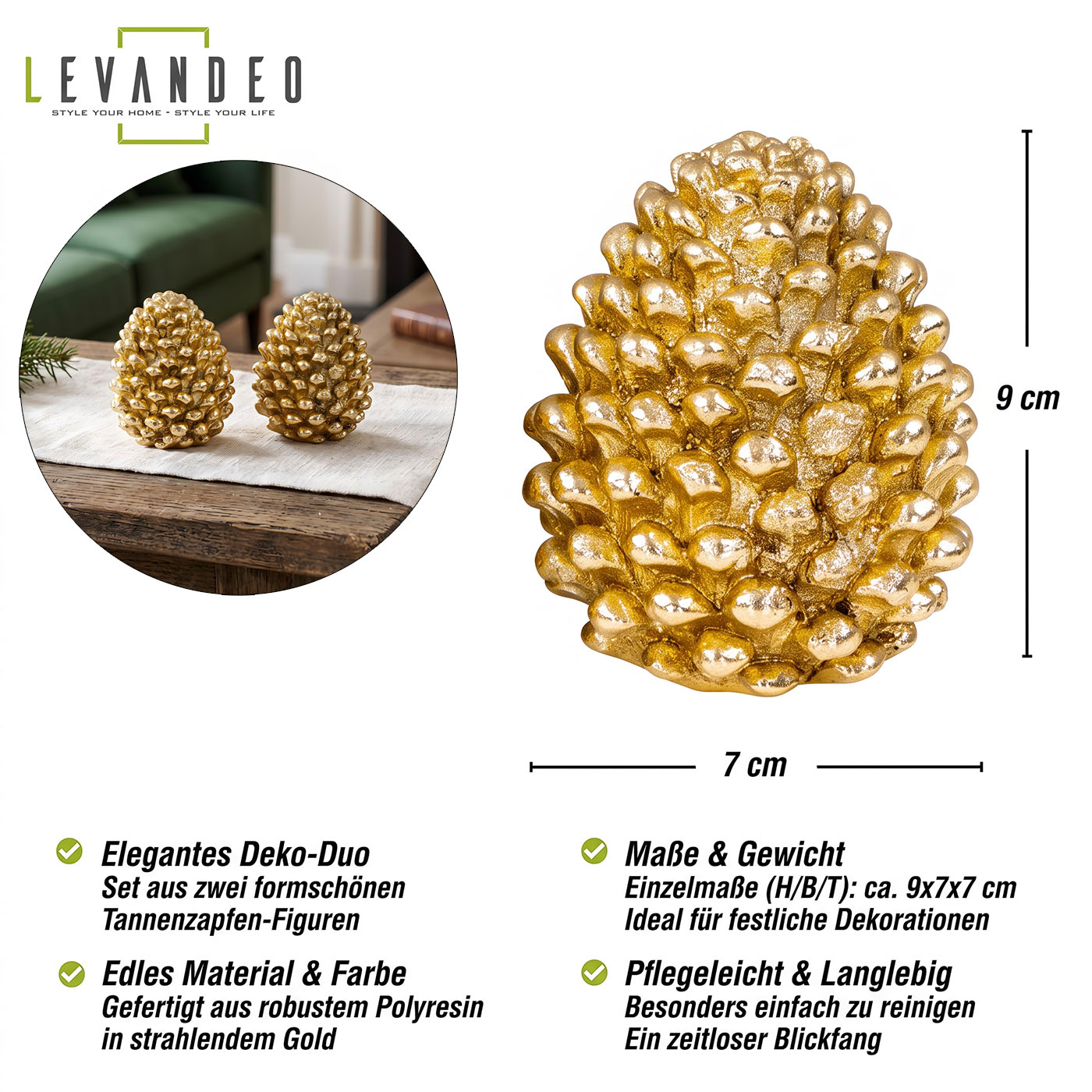 2er Set Deko Tannenzapfen Gold Polyresin Festliche Tischdeko Weihnachtsdeko
