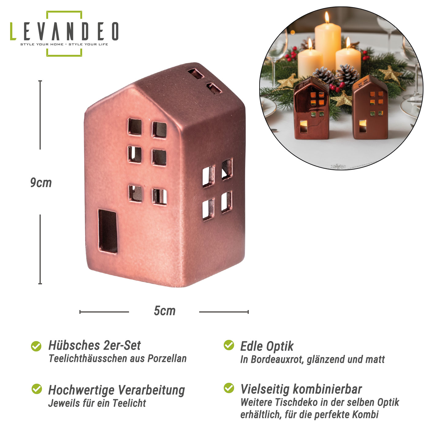 2er Set Teelichthaus Porzellan Bordeaux Rot Tischdeko Weihnachtsdeko Teelichthalter