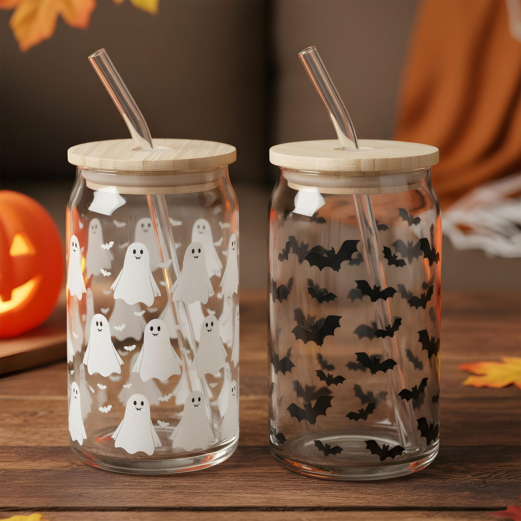 2er Set Trinkglas 440ml Halloween Glas-Strohhalm Bambusdeckel Trinkbecher Gespenst