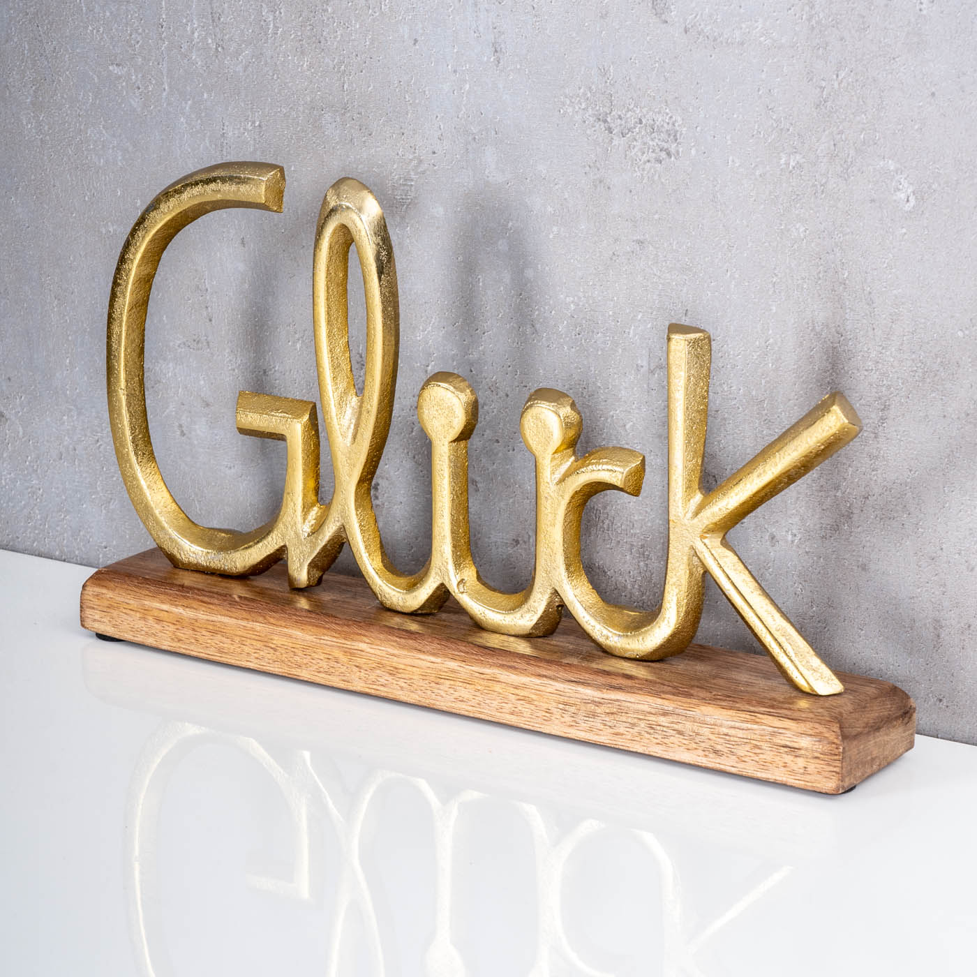 Schriftzug Glück L30cm Metall Gold Mango Holz Tischdeko Deko Aufsteller