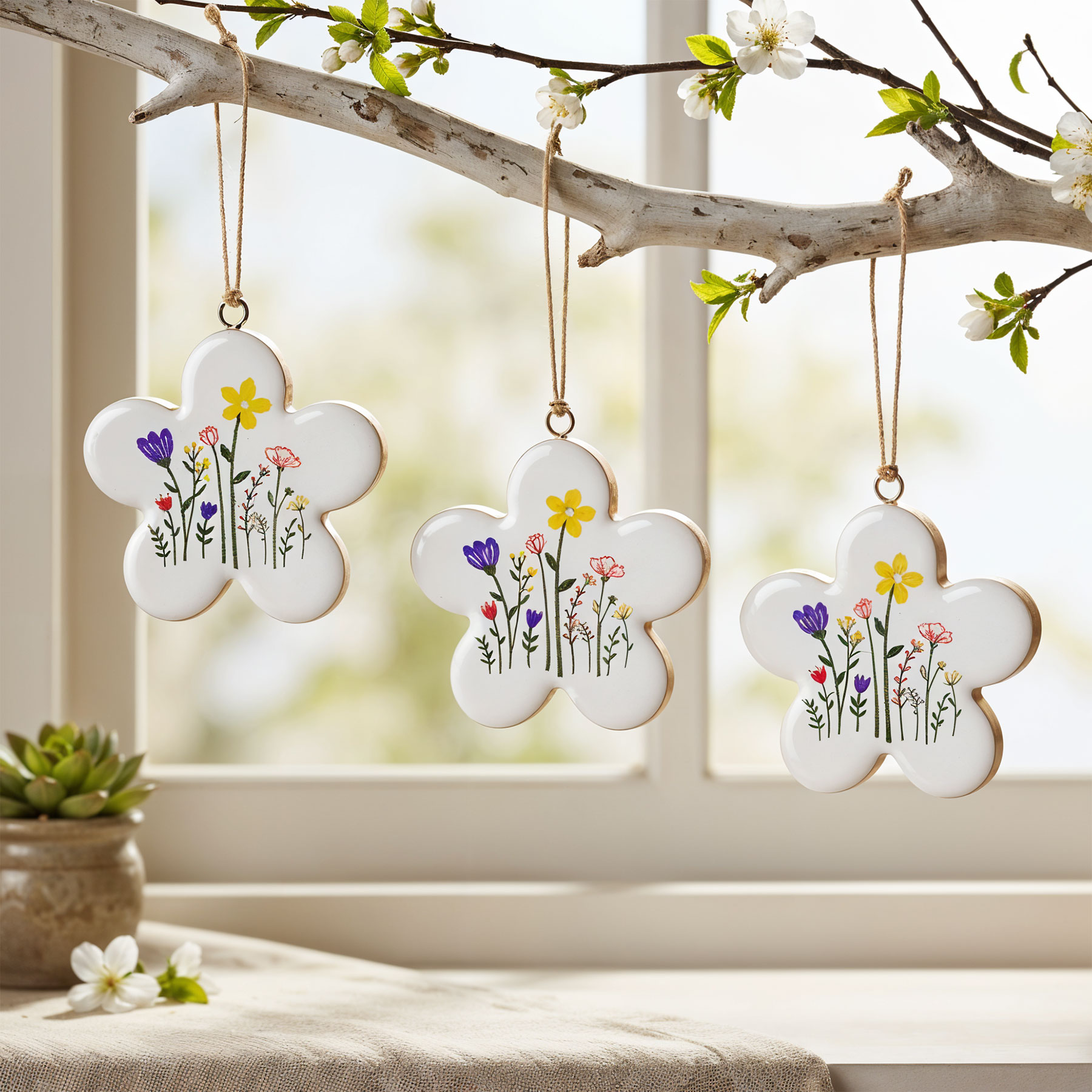 3er Set Deko Anhänger Blume Bambus Blumenmuster Frühling Ostern Wanddeko Deko