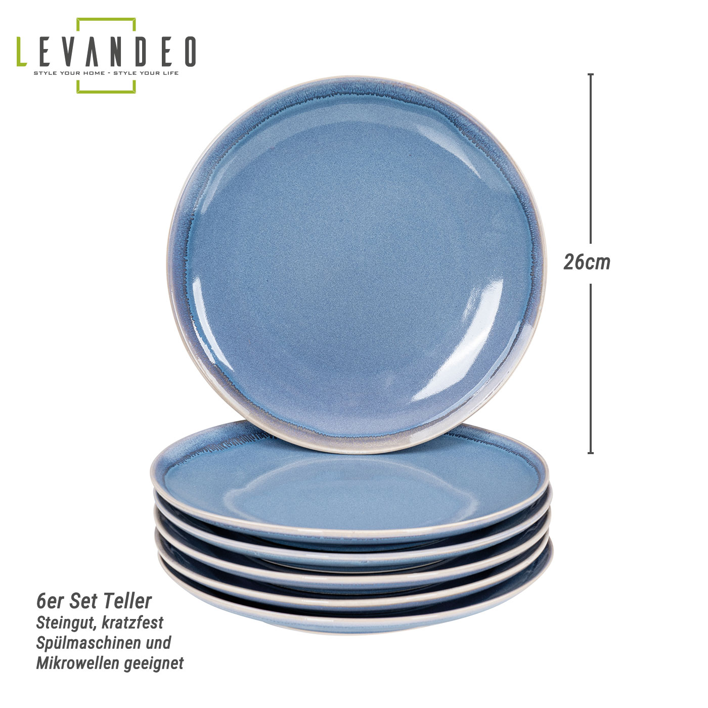 6er Set Steingut Teller Ø26cm Blau Speiseteller 6 Personen Geschirr Essteller