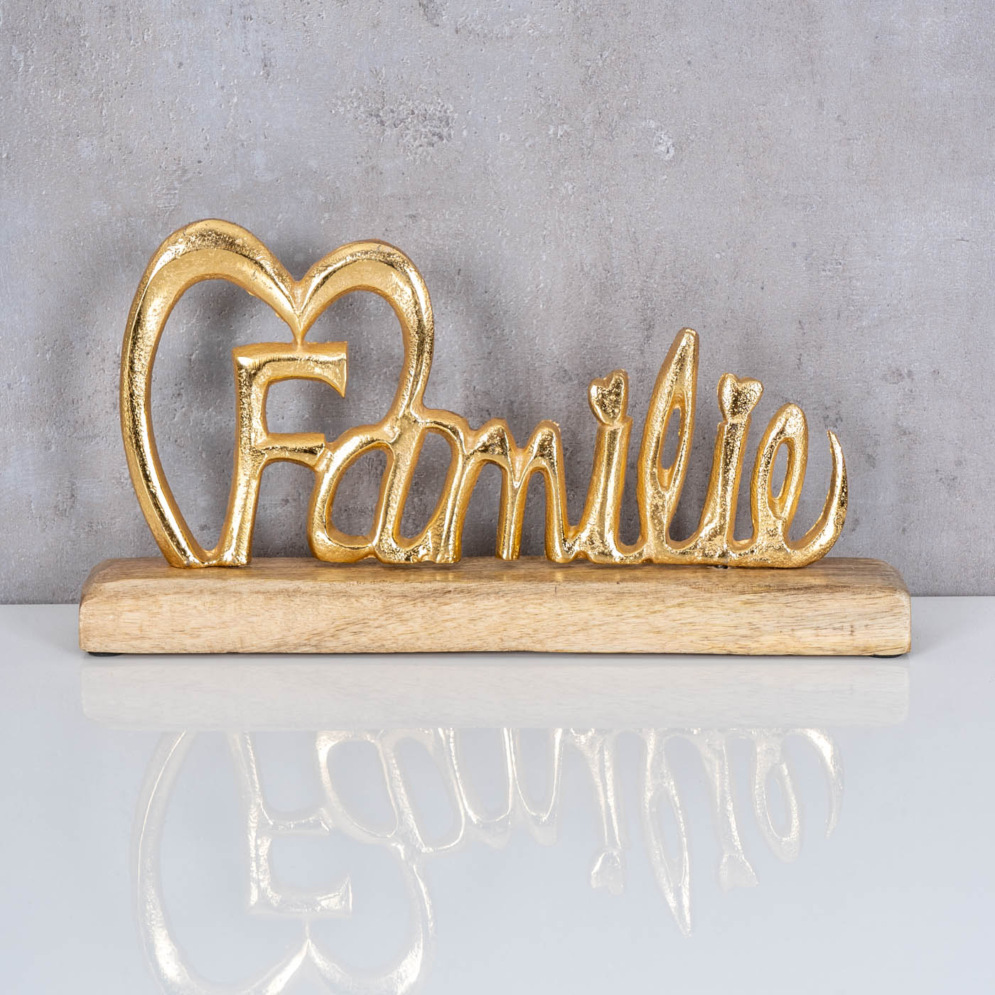 Schriftzug Familie Gold L30cm Metall Mango Holz Aufsteller Buchstaben Tisch-Deko