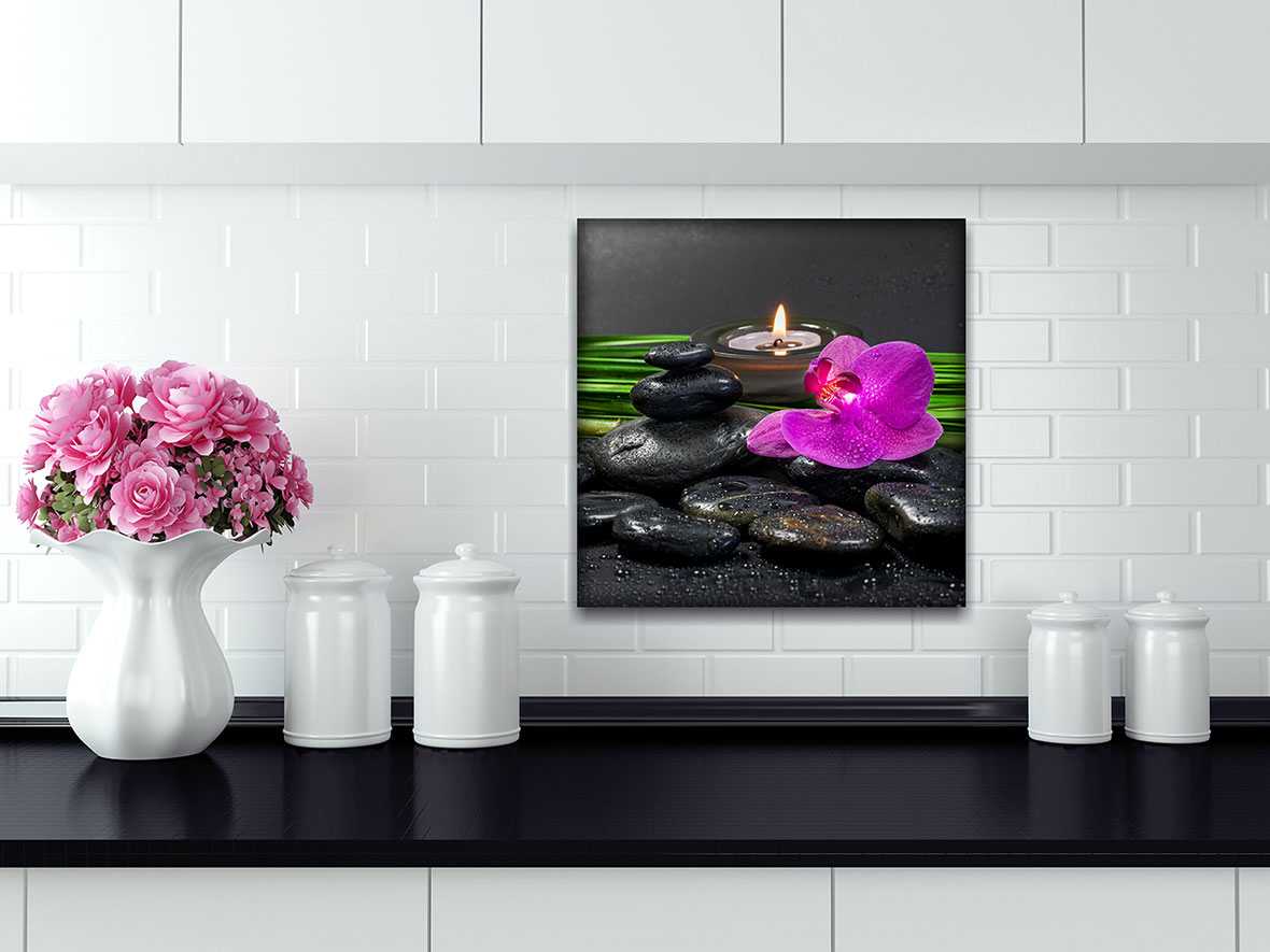 Glasbild 4er Set je 30x30cm Wandbild Glas lila Orchideen Blume Wanddeko Wellness