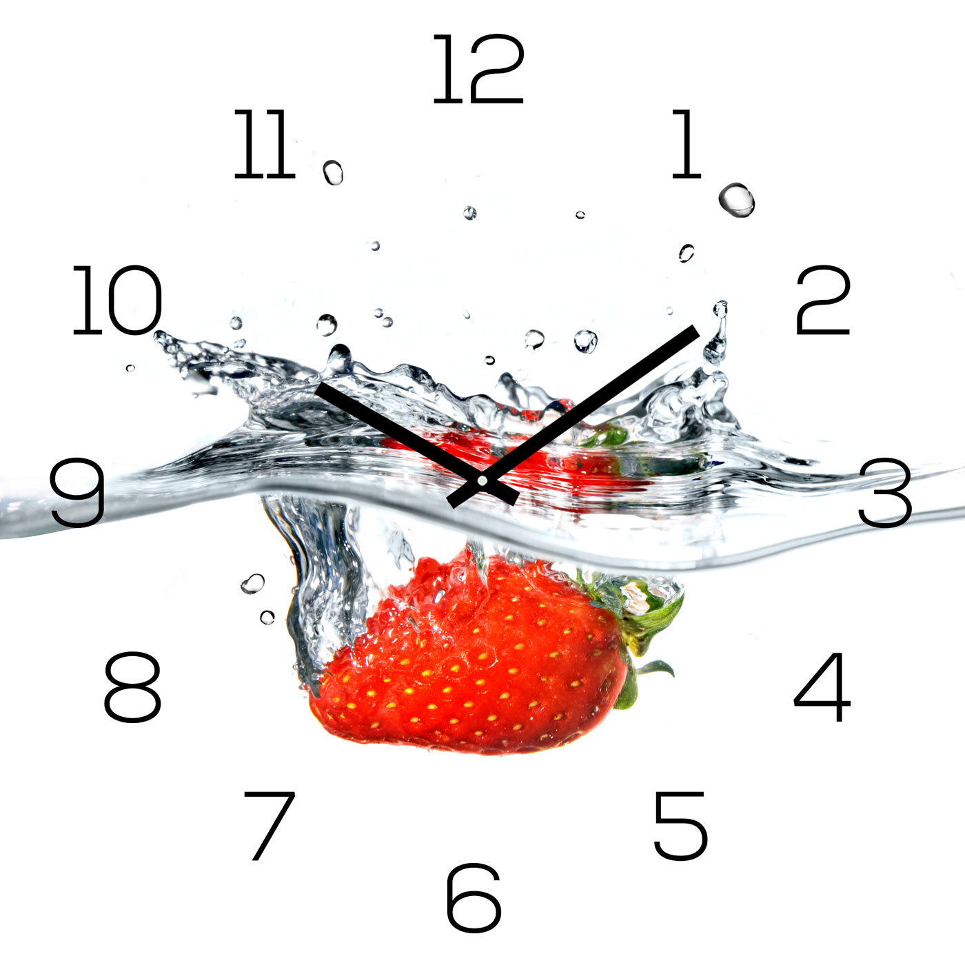 Wanduhr Glas 30x30cm Uhr Glasbild Erdbeere Rot Wasser Frucht Fruit Küchenuhr