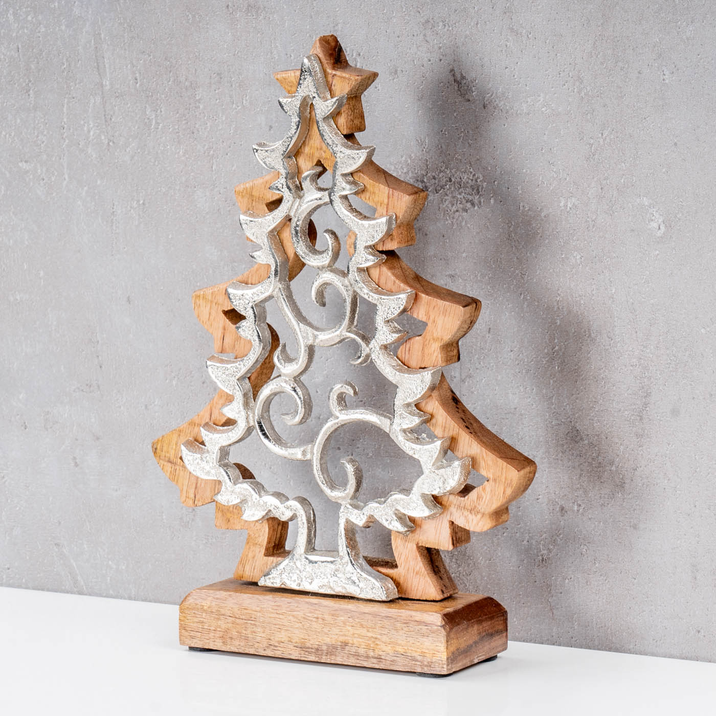 Deko Baum Aufsteller Weihnachten H25cm Holz Metall Natur Silber Tischdeko Tanne