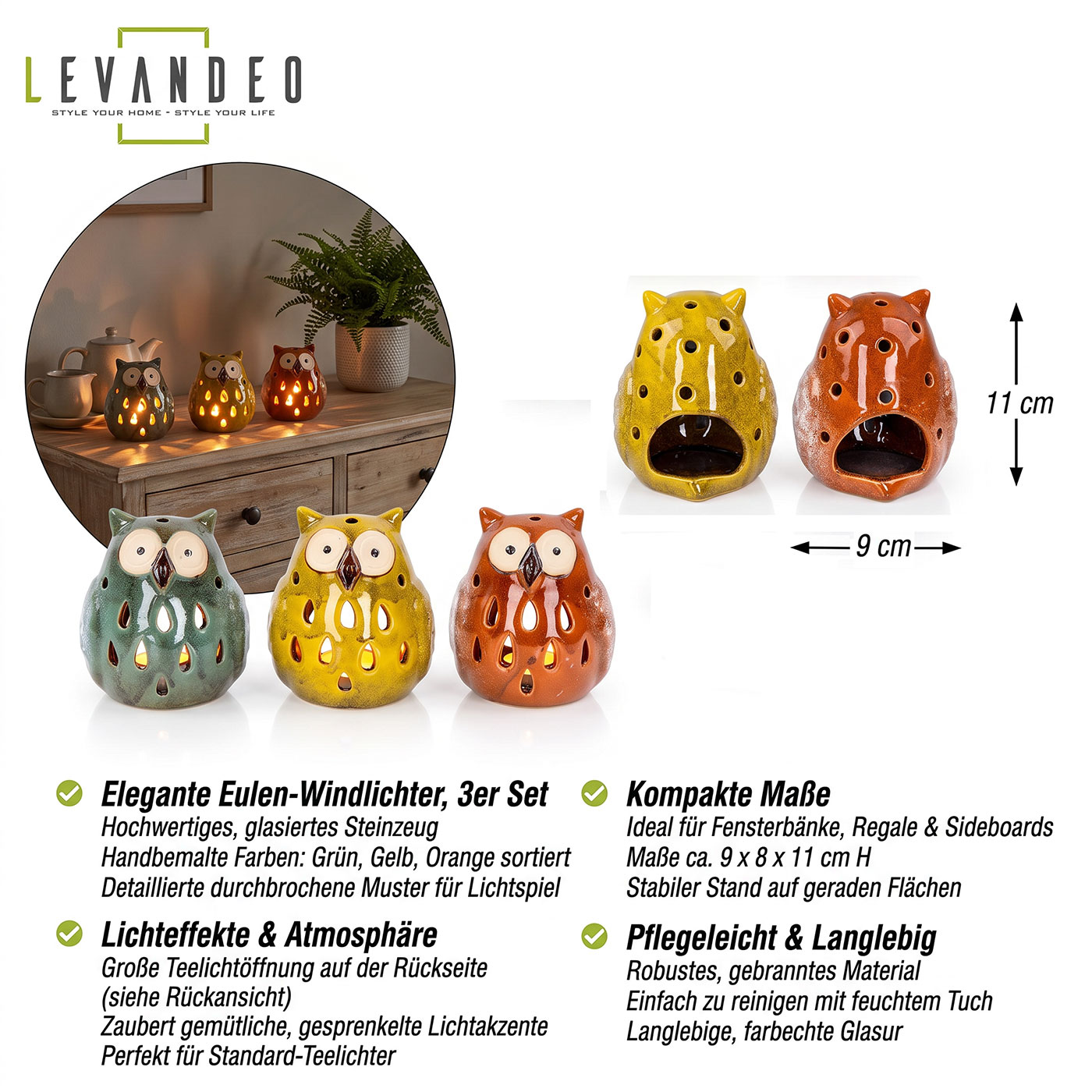 3er Set Kerzenhalter Eule H11cm Windlicht Orange Gelb Grün Herbstdeko Tischdeko